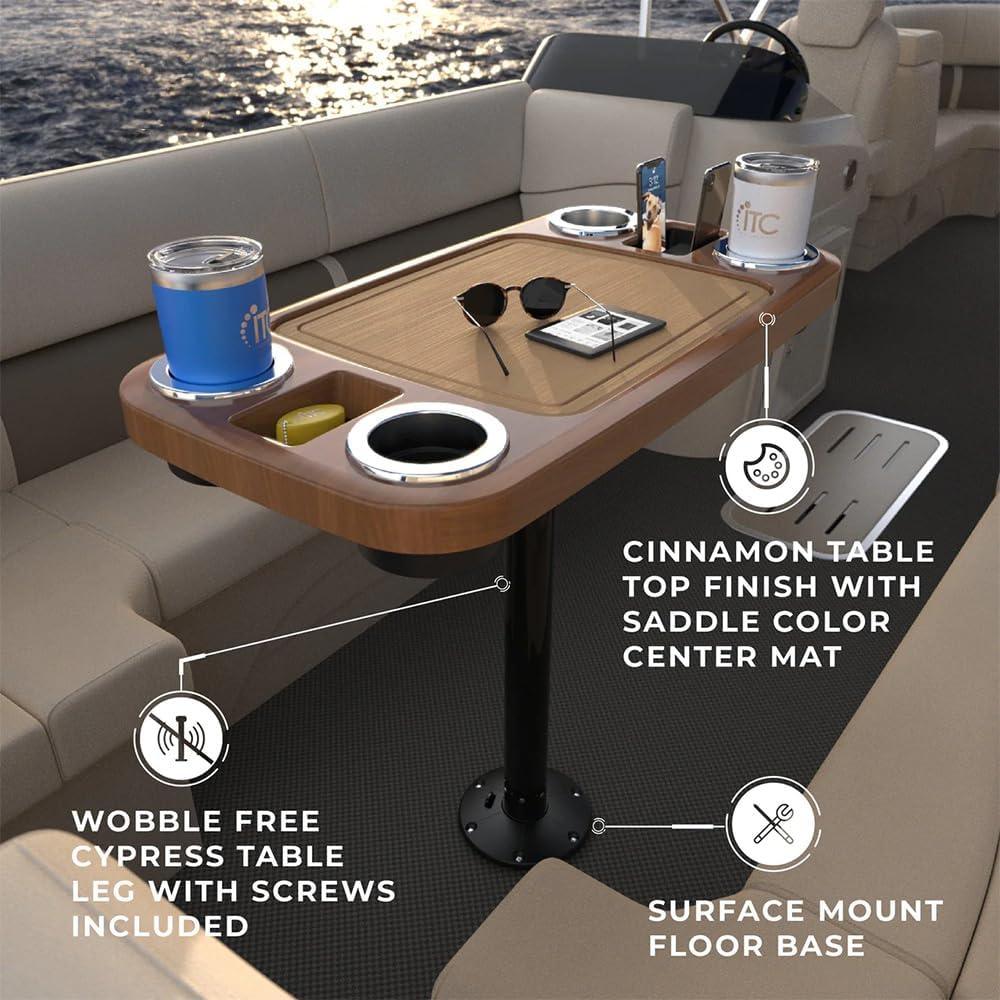 Manufacturers' Select ITC Boat Table Set - 18"x34" Removable Pontoon Boat Table with Center Non-Slip Mat, Pedestal Leg, 4 Drink Holders