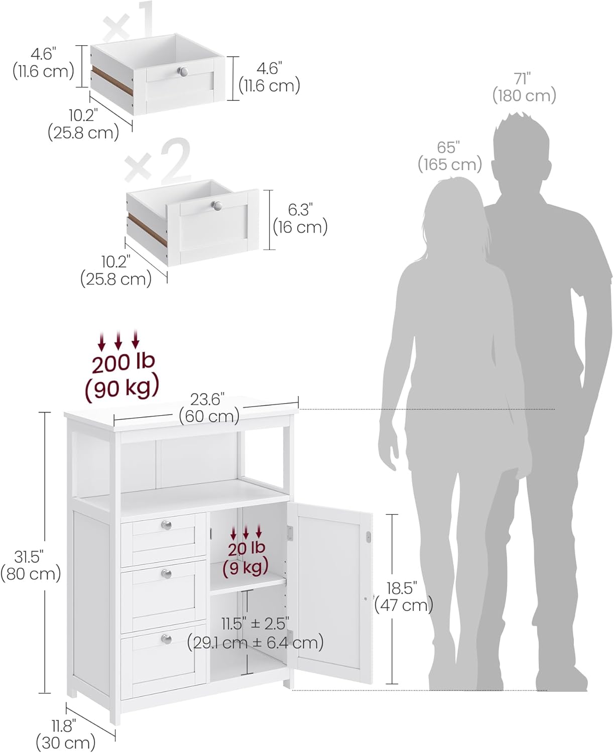 VASAGLE Bathroom Storage Cabinet, with 2 Doors, 31.5" H, Cloud White