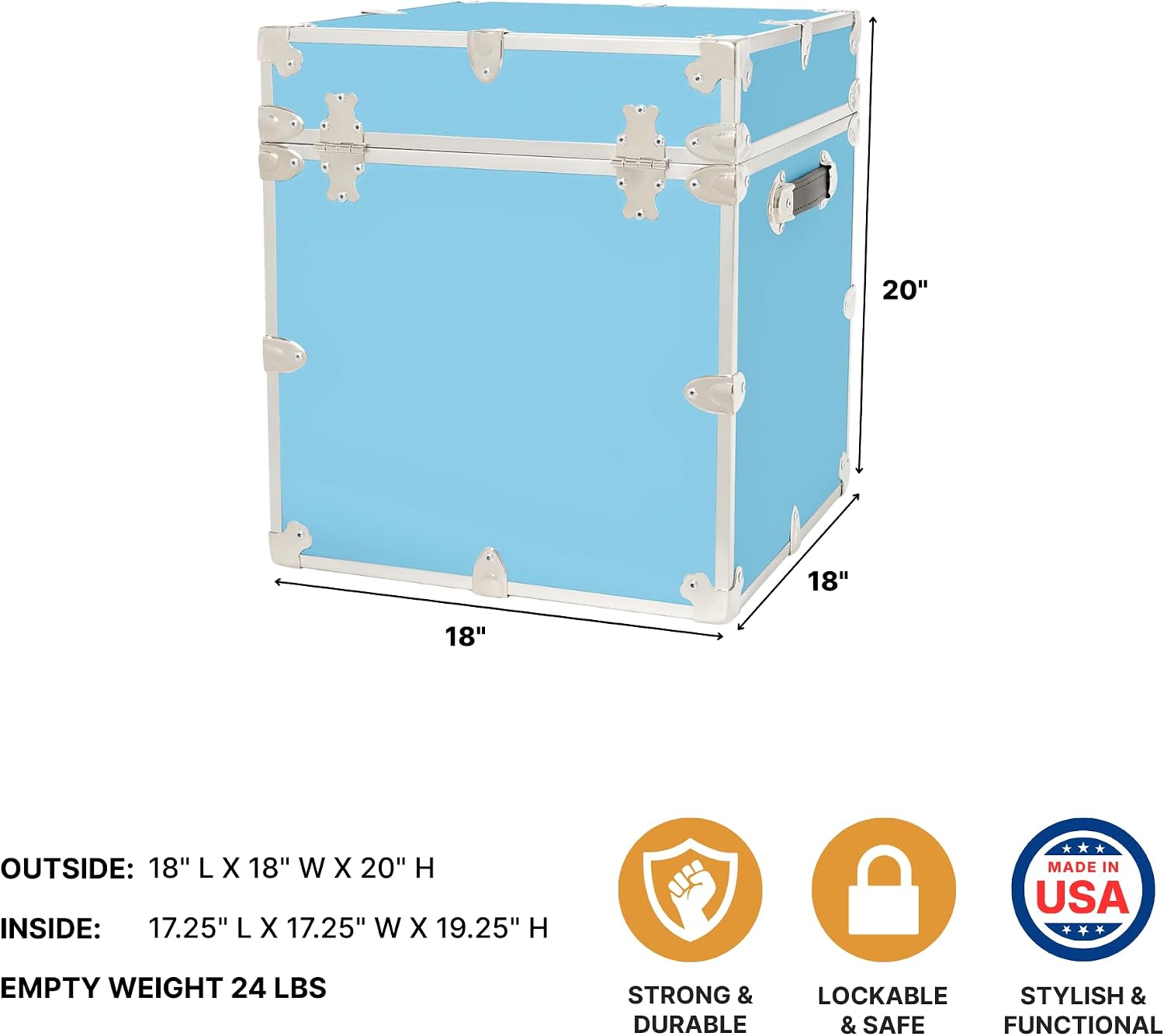 Rhino Classic Cube Trunk, College Dorm Footlocker & Home Storage End Table | 18"L x 18"W x 20"H, 1500+ lb Capacity, Baltic Birch Plywood, Nickel Plated Steel, Durable, Office Storage, Dorm Room