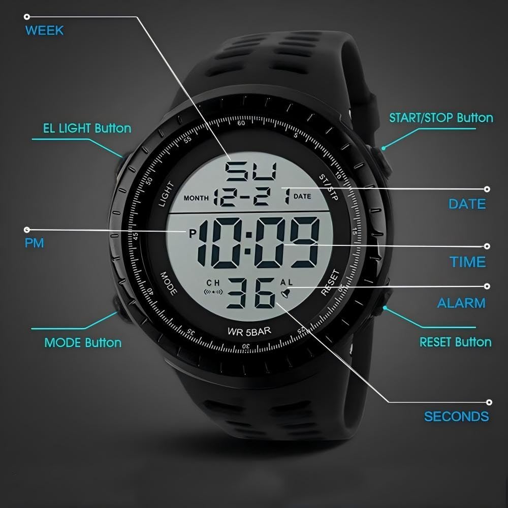 LYMFHCH Men's Digital Watch, Sports Waterproof Military Watches for Men LED Casual Stopwatch Alarm Tactical Army Watch
