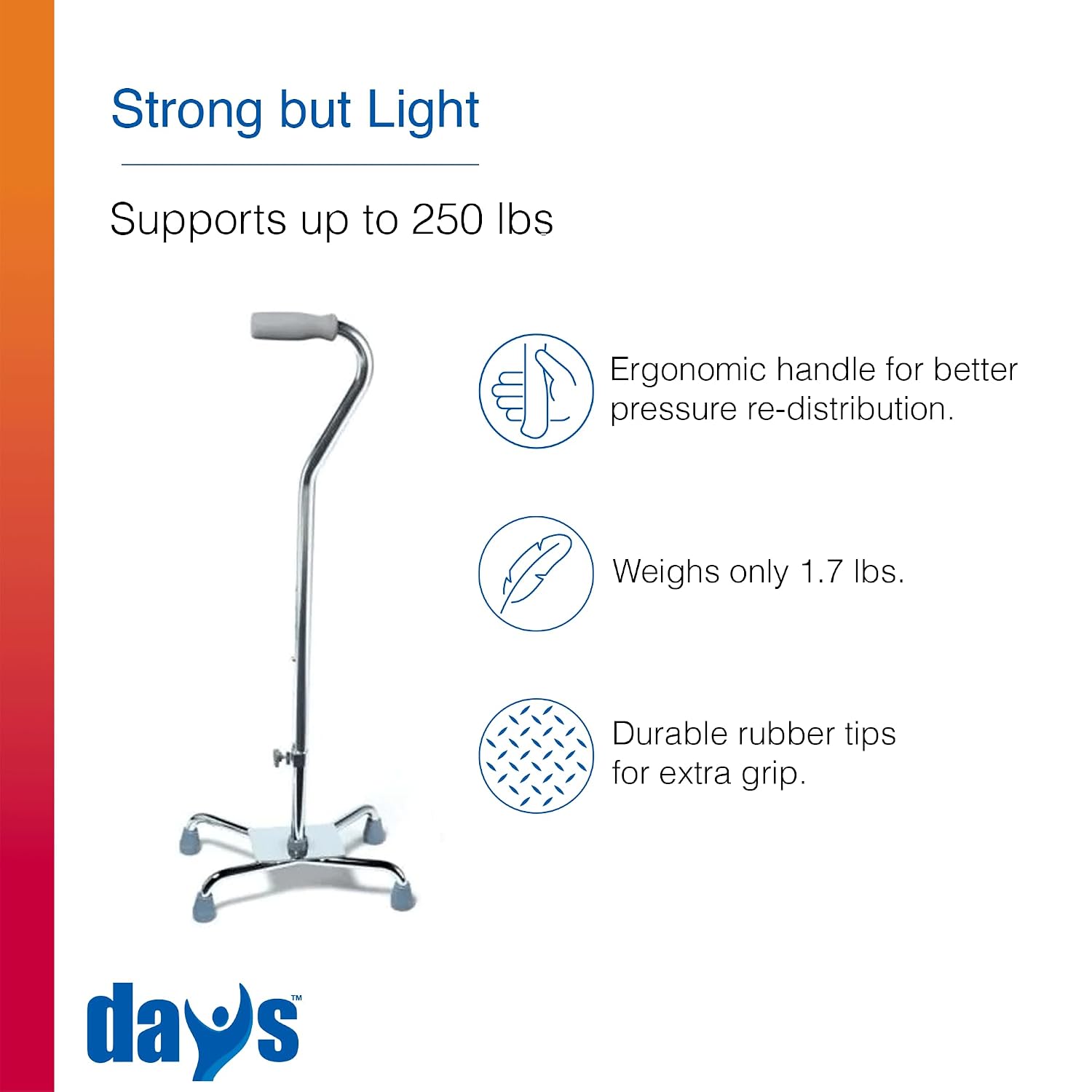 Days Quad Cane with Wide Base – Adjustable Walking Cane for Men & Women, Aluminum 4-Prong Walking Stick for Seniors with Slip-Resistant Rubber Tips, Lightweight & Self-Standing Mobility Aid