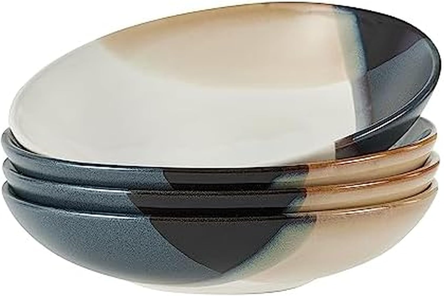 Mikasa Gourmet Basics Caden 16-Piece Stoneware Dinnerware Set, Service for 4, White Glossy Center with Black and Tan Two-Tone Reactive Glaze, Dishwasher and Microwave Safe
