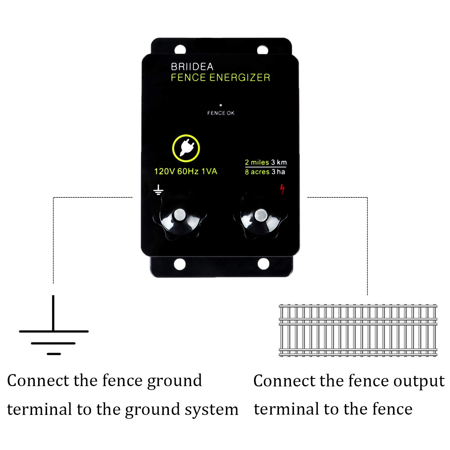 Briidea 2-Mile Electric Fence Energizer for Preventing Wild Animals Intruding 8 Acres Output Voltage 5000 V 0.1Joule