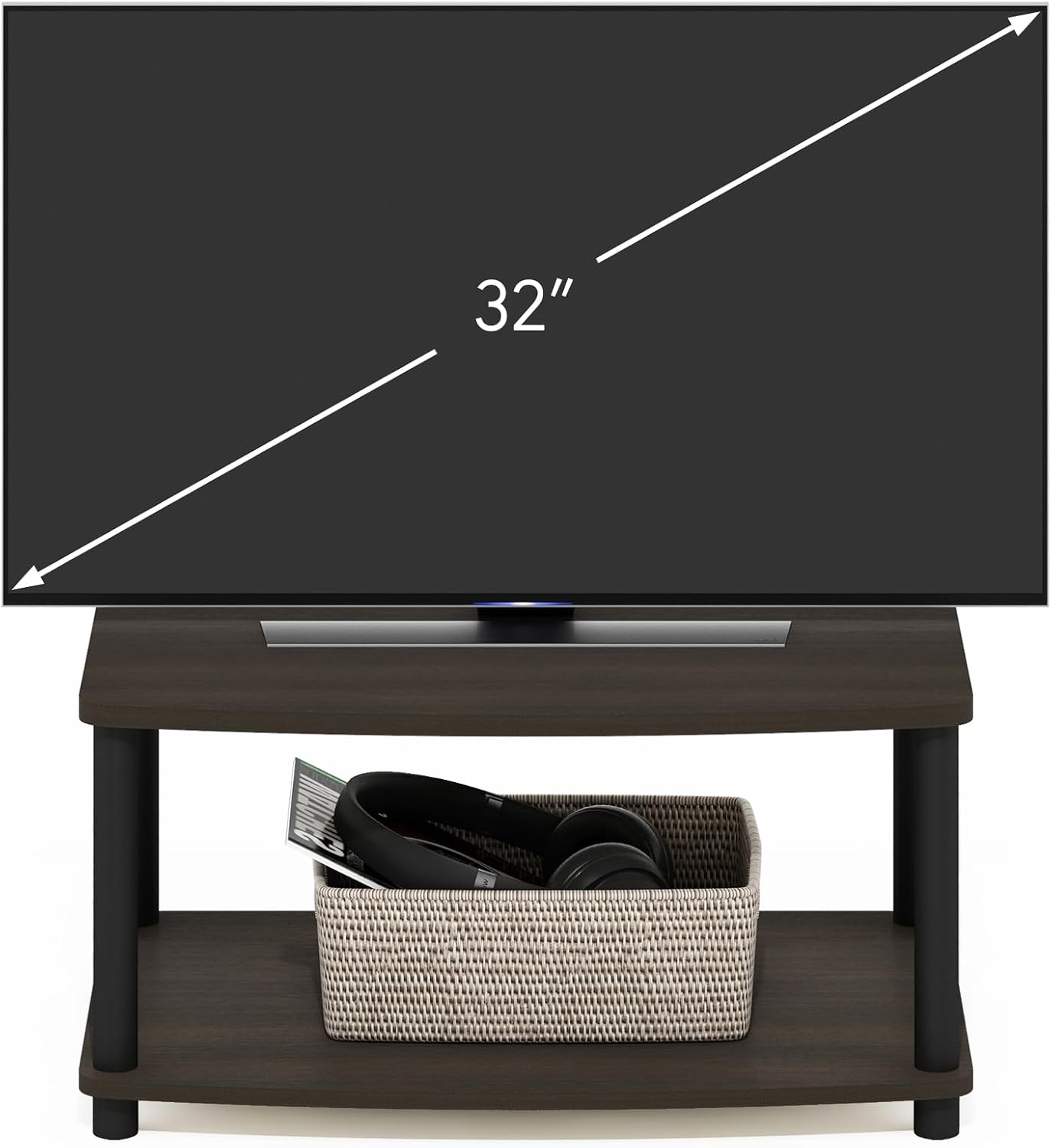Furinno Turn-N-Tube TV Riser Stand, 2-Tier Small Elevated No Tools TV Stand, TV Console for TV up to 32 inch, 15.8 x 23.8 x 11, for Living Room, Bedroom, French Oak/Black