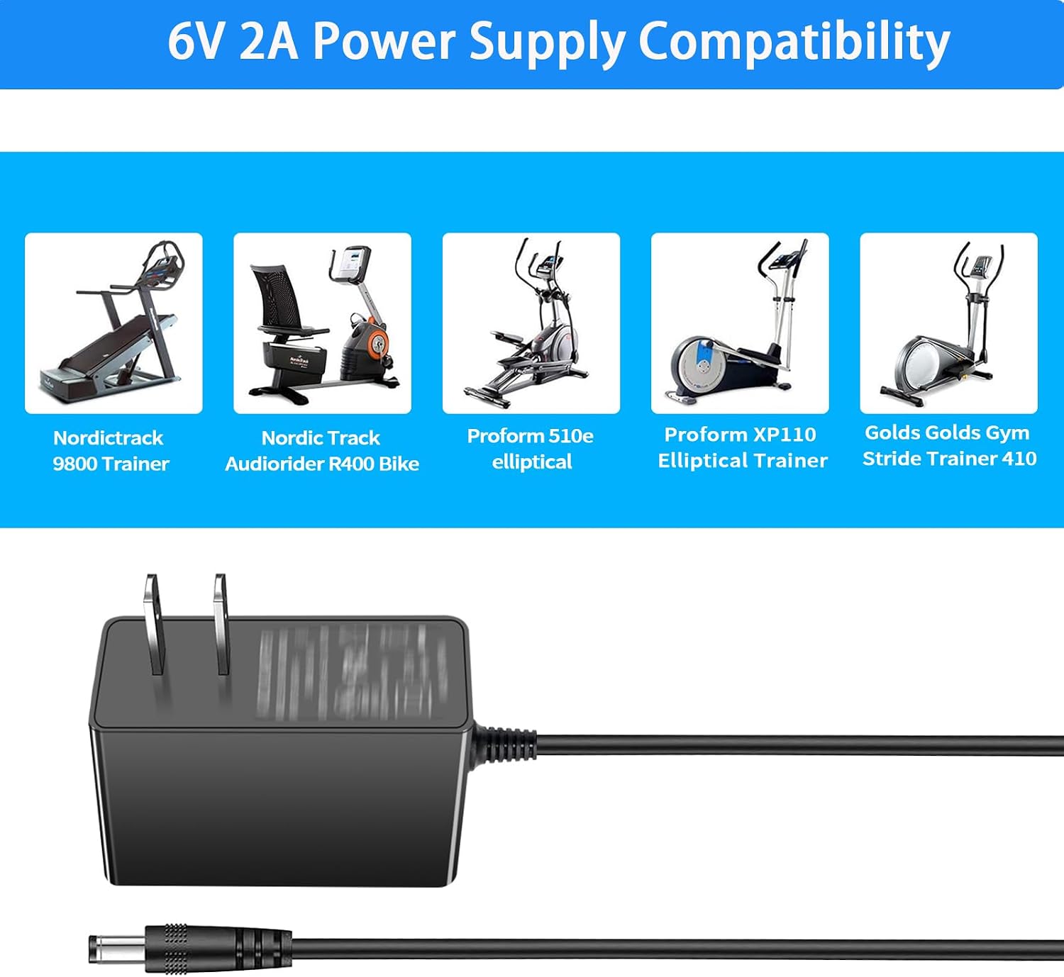6V 2A Power Supply Cord, for ProForm and Nordictrack Elliptical Charger. | for ProForm 850 510E 480 490 500 600 LE, 390 395 475 510 EX