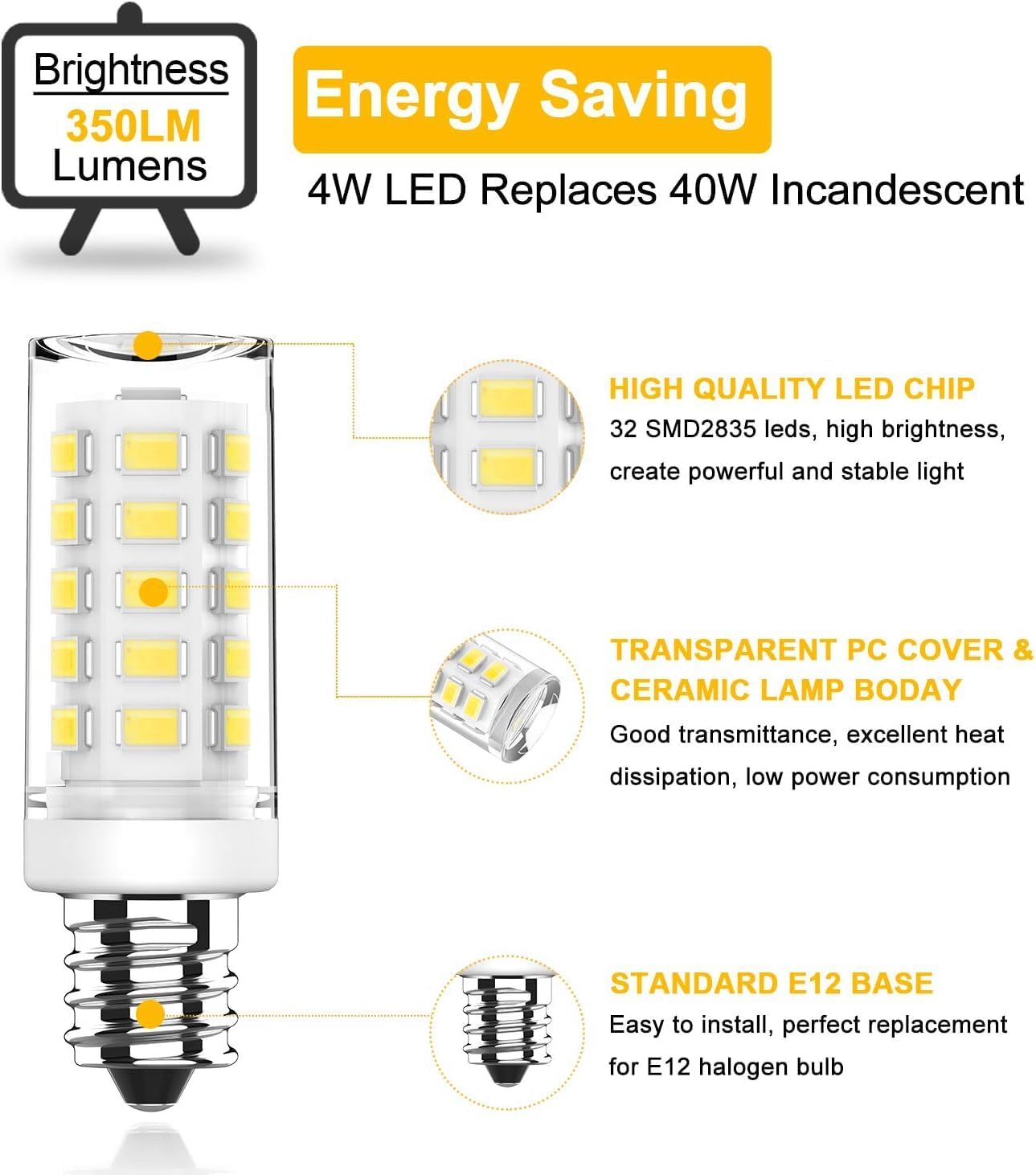KLG E12 LED Bulb, Mini Candelabra Base, 4W (40W Equivalent), 5000K Daylight White Non-Dimmable, T3/T4 Small Bulb for Ceiling Fans and Chandeliers