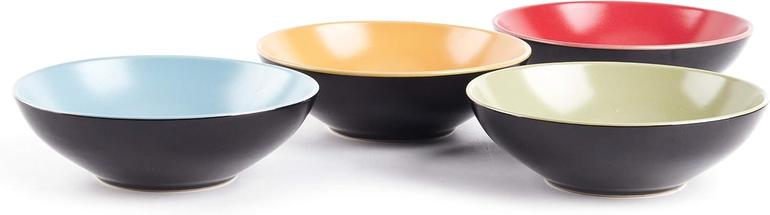 Stoneware Two-Tone Colors Life 16pc Dinner Set，Outside Shiny Black + Inside Matte Glaze Olive