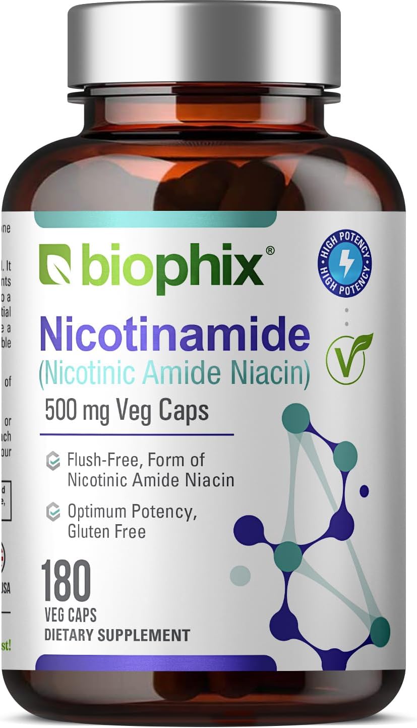 biophix B-3 Nicotinamide 500 mg 180 Vcaps - Nicotinic Amide Niacin Natural Flush-Free Vitamin Formula - Supports Skin Cell Health