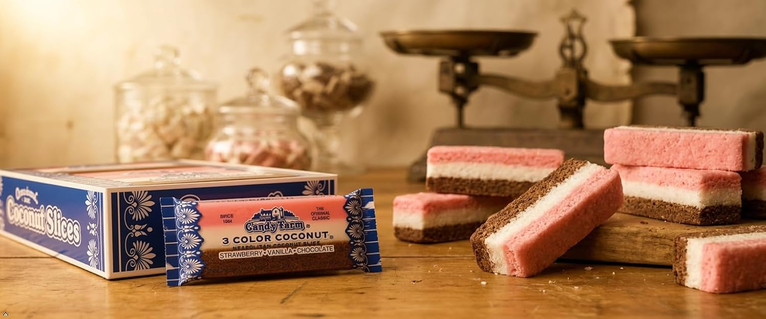 Neapolitan Coconut Slice Candy Bars (Vanilla, Chocolate & Strawberry-striped moist coconut 1.65 Ounce Bars)