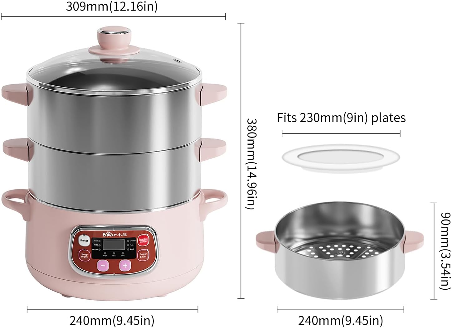 Bear Electric Multifunctional Food Steamer, One Touch Digital Steamer with Timer, Vegetable Steamer 2 Tiered Stackable Stainless Steel Baskets