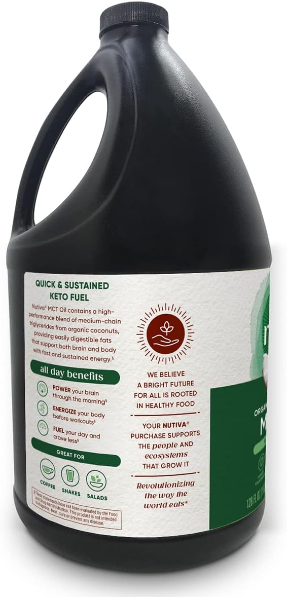 Nutiva Organic MCT Oil, Unflavored, 32 Oz, USDA Organic, Non-GMO, Non-BPA, Whole 30 Approved, Vegan, Gluten-Free & Keto, 14g MCT per Serving & Neutral Flavor for Energy Boost to Coffee, Shakes and Salads