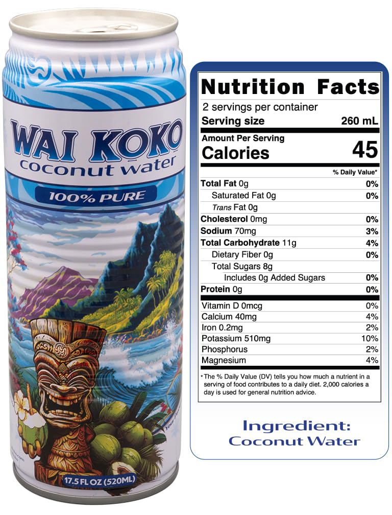 Wai Koko 100% Pure Coconut Water, 17.5 Fl Oz Cans (Pack of 12) | Not from concentrate