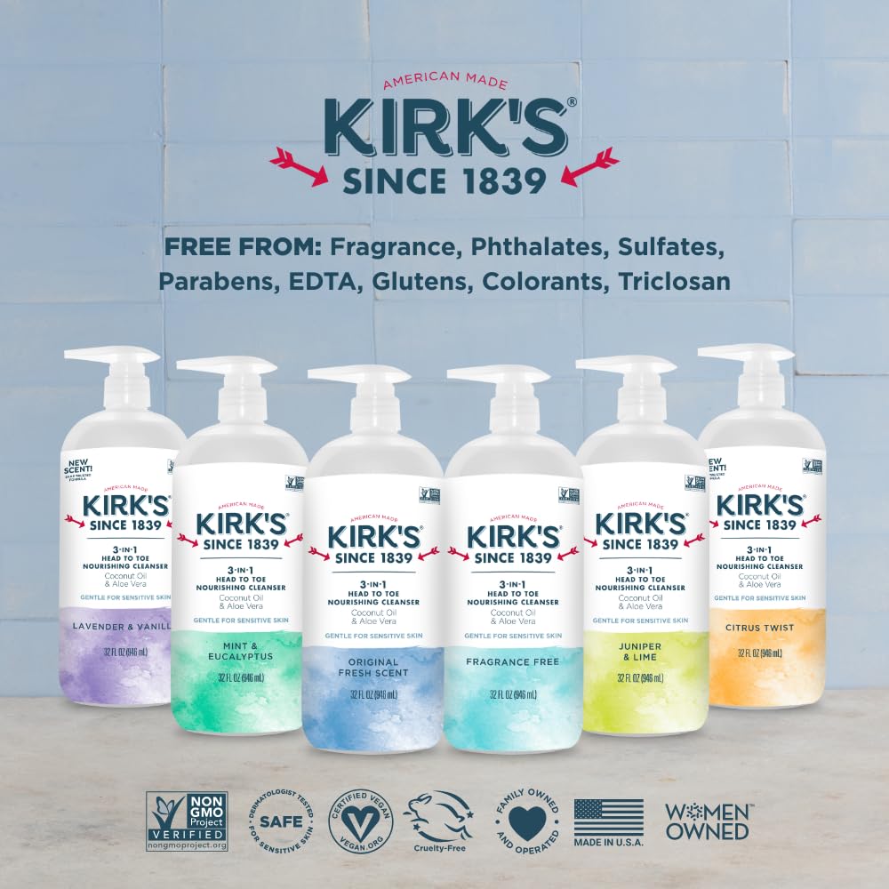 Kirk's Juniper & Lime​ 3-in-1 Nourishing Cleanser, Shampoo Body Wash Bubble Bath, Coconut Oil and Aloe Vera, Vegan Non-GMO, 32 Fl Oz