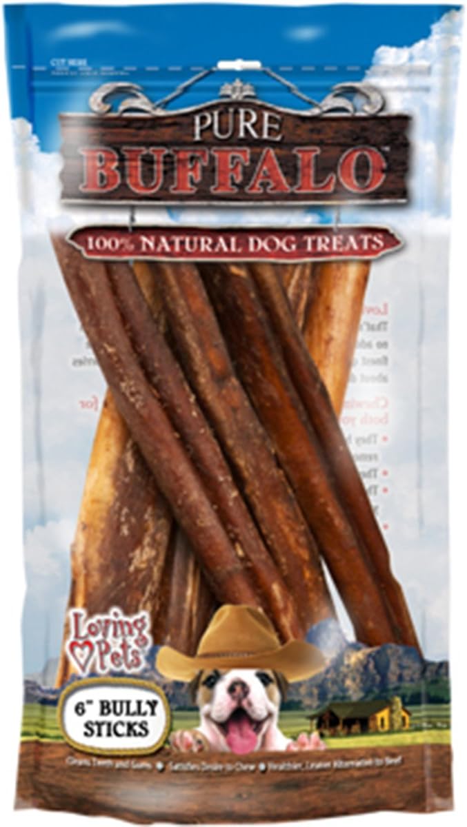 Loving Pets Pure Buffalo 6-Inch Bully Stick Dog Treat, 6-Pack