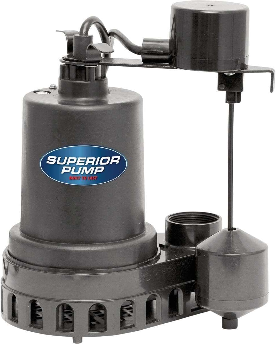 Superior Pump 92260 1/4 HP Thermoplastic Sump Pump with Vertical Float Switch, Black