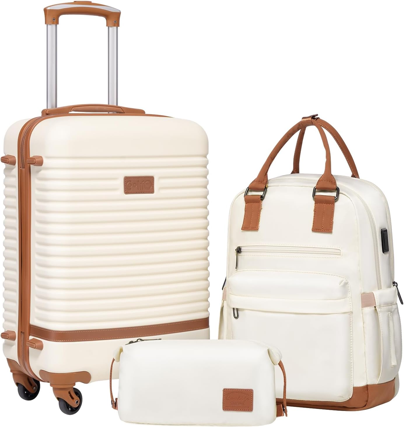 Coolife Luggage Set Carry On Suitcase, 3 piece, White(BP/TB/20) | 360° Spinner Wheels, Multi-Functional Pockets with USB, Smart Trolley Sleeve