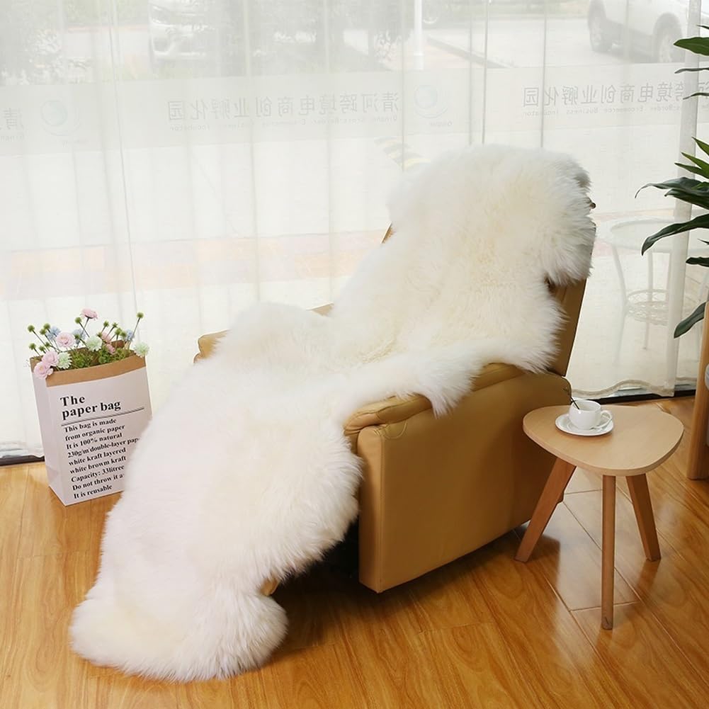 Real Sheepskin Rug Fluffy Sheepskin Throw Genuine Sheepskin Rug Sheepskin Seat Covers for Chairs Recliner Sofa (2.3x6.5ft) (Color : Ivory)