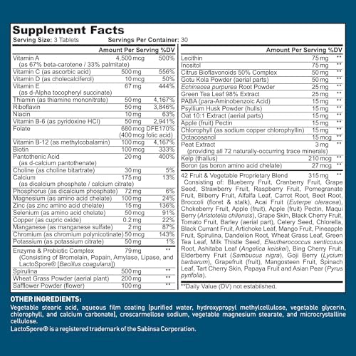 Dr. Tobias Adult Multivitamin for Women & Men 90 Count | Daily Energy & Immune Support | Vitamin Supplement with 42 Fruits & Vegetables + Probiotic + Enzymes | Vegan | 30 Servings