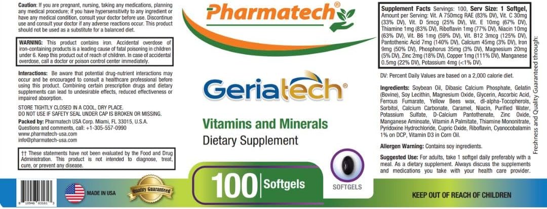Senior multivitamins, Vitamins and Minerals Supplement, Women and Men Over 60, with Vitamin B12, Easy to Swallow, 100 softgels, by Pharmatech®