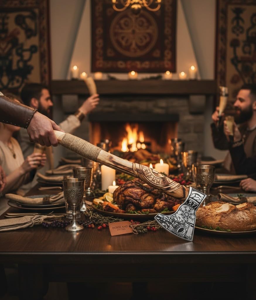 Poshland AX-7000 Custom Gift Forged Carbon Steel Viking Axe with Rose Wood Shaft, Viking Bearded Camping Axe