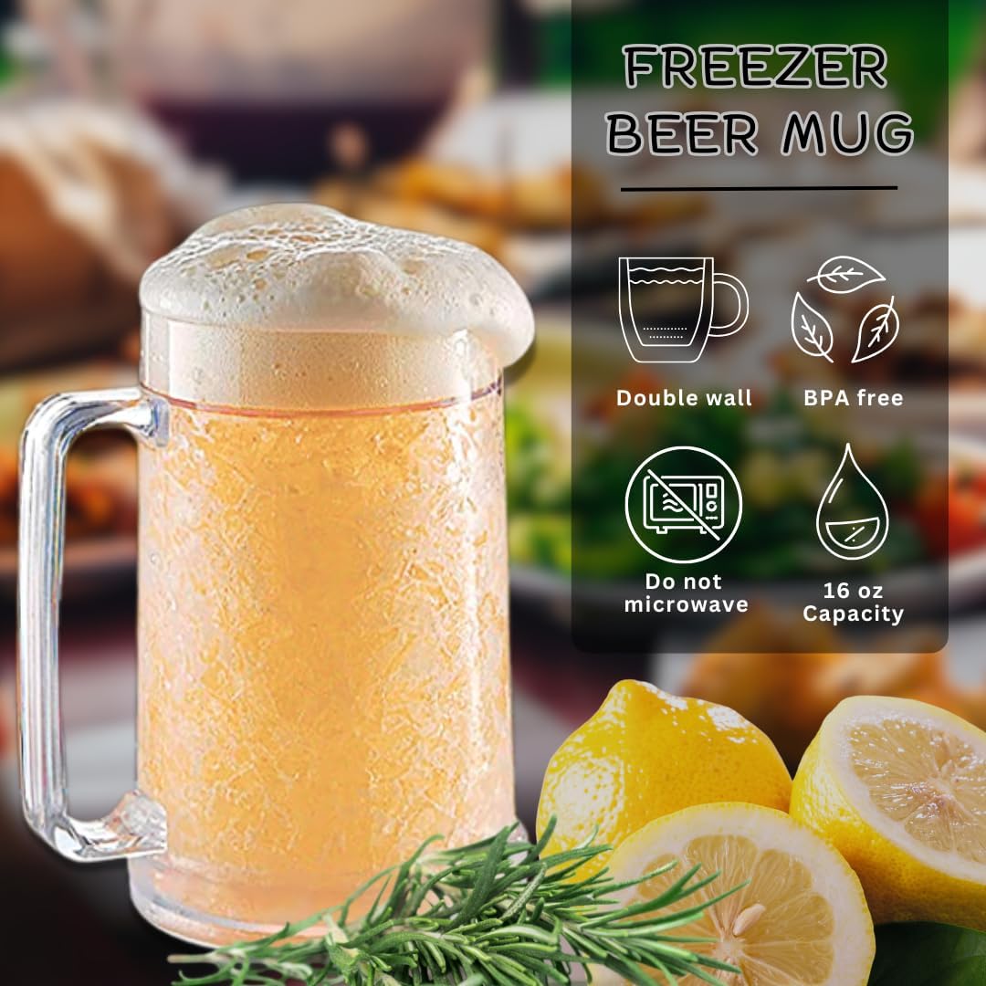 luxail Beer Mugs For Freezer, Double Wall Insulated Plastic Beer Glasses – Freezer Mugs, 16 oz – Perfect Frozen Beer Mugs for Home Bar Accessories
