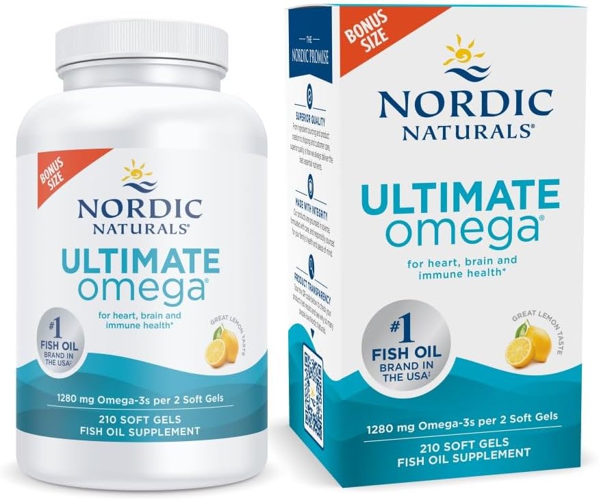 Nordic Naturals Ultimate Omega, 1280mg Omega-3 Fish Oil, Lemon - 60 Count | High-potency Omega-3 Fish Oil with EPA & DHA supports brain & heart health. Non-GMO, burpless formula. 30 servings.