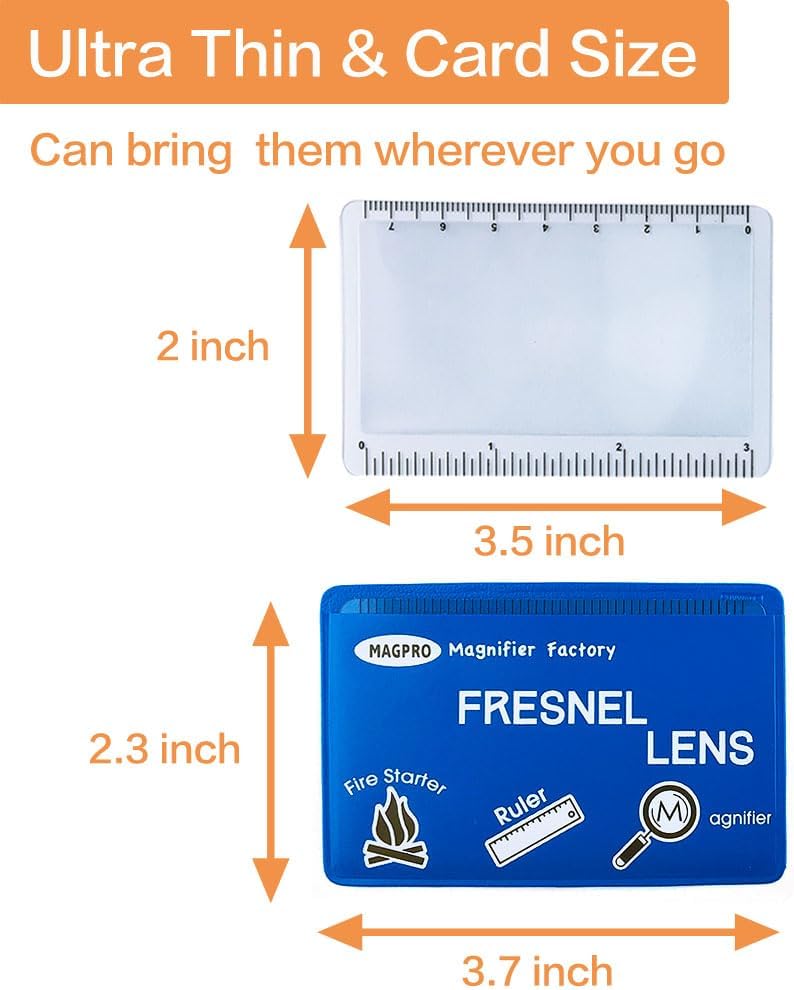 MagDepo 6 Pack Credit Card Size Magnifier Ruler Fire Starter Magnifying Glass Wallet Pocket Magnifier for Reading Small Print, Map, and Book-Blue