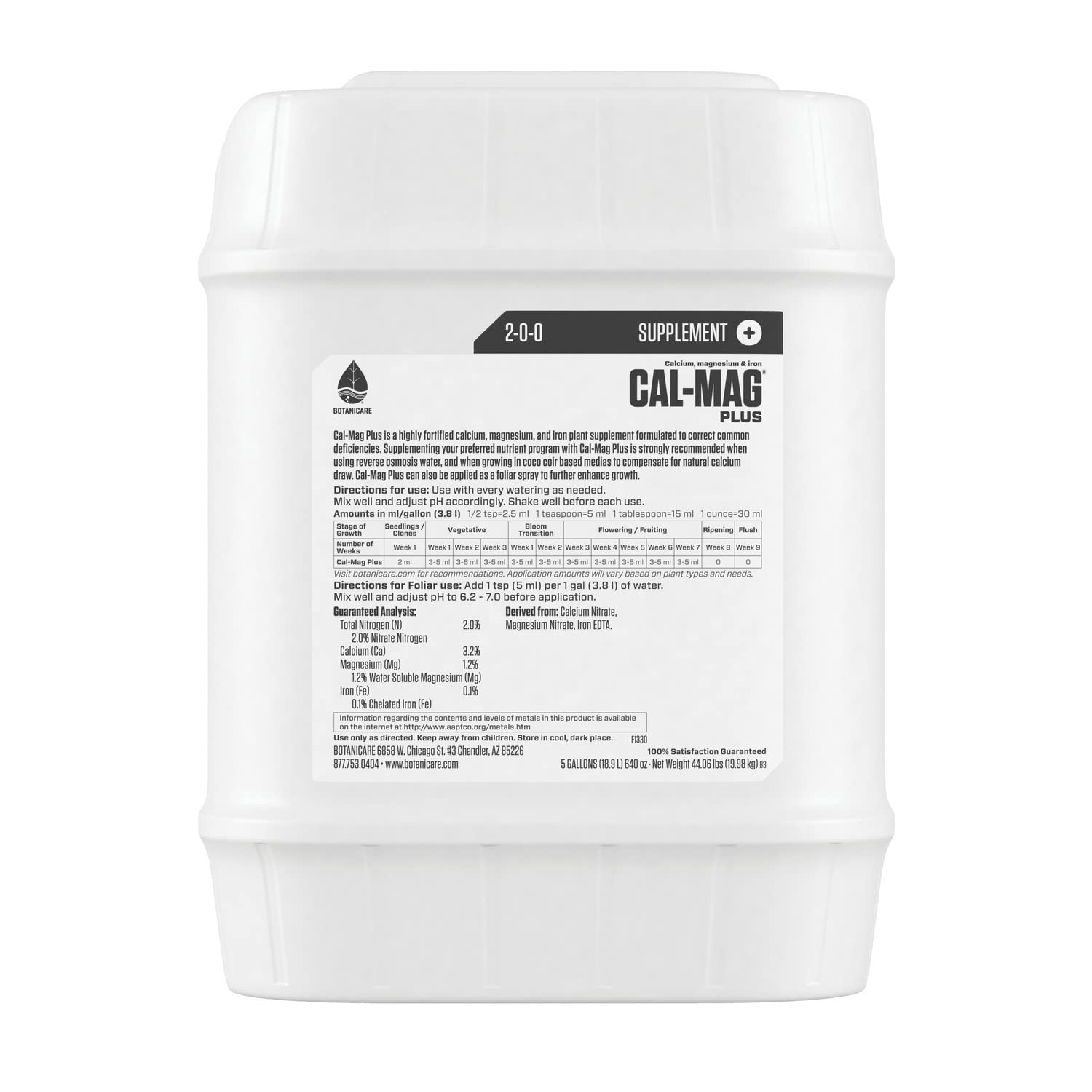 Botanicare Cal-Mag Plus, A Calcium, Magnesium, and Iron Plant Supplement, Corrects Common Plant Deficiencies, Add to Water or Use as a Spray, 2-0-0 NPK, 1-Gallon
