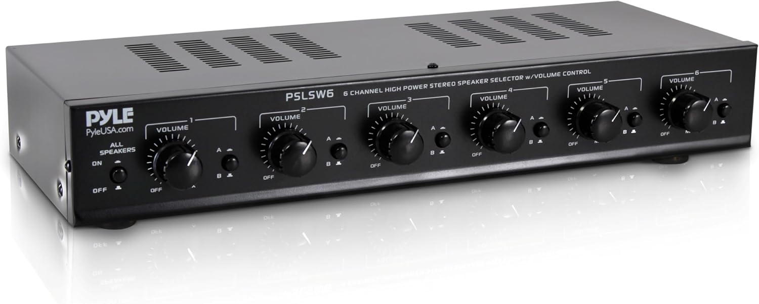 Pyle 6 Channel Speaker Selector Switch - Multi Zone A B Speaker Distribution Controller Box w/ Independent Audio Source Volume Control