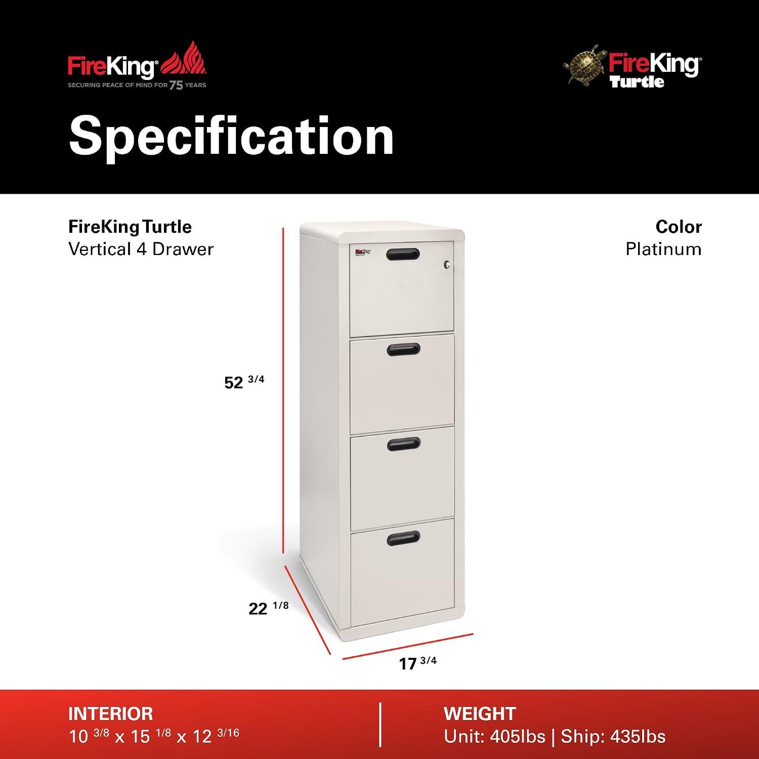 FireKing Turtle Vertical 2 Drawer Fire Rated File Cabinet, Black | 1 Hour Fire Rated Filing Cabinet - UL Class 350 - Water Resistant - Key Lock - Made in USA