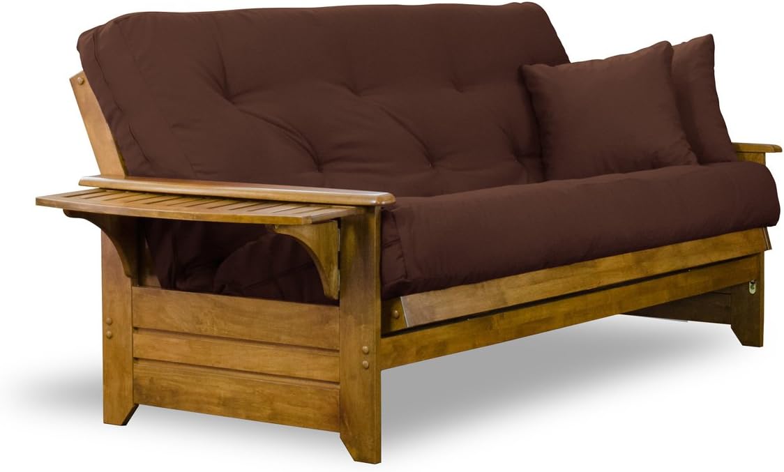 Brentwood Tray Arm Futon Sofabed Set - Queen Frame, 8" Microfiber Fudge Mattress, Heritage Finish