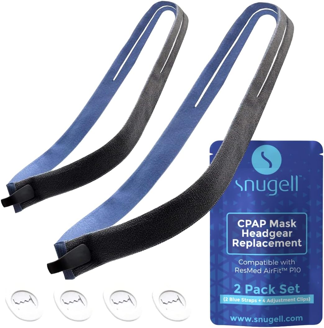 Snugell Headgear Strap Replacement for CPAP Masks, 2-Pack - Compatible with ResMed AirFit P10 - Premium Elastic, Durable - Gray - 4 Adjustment Clips