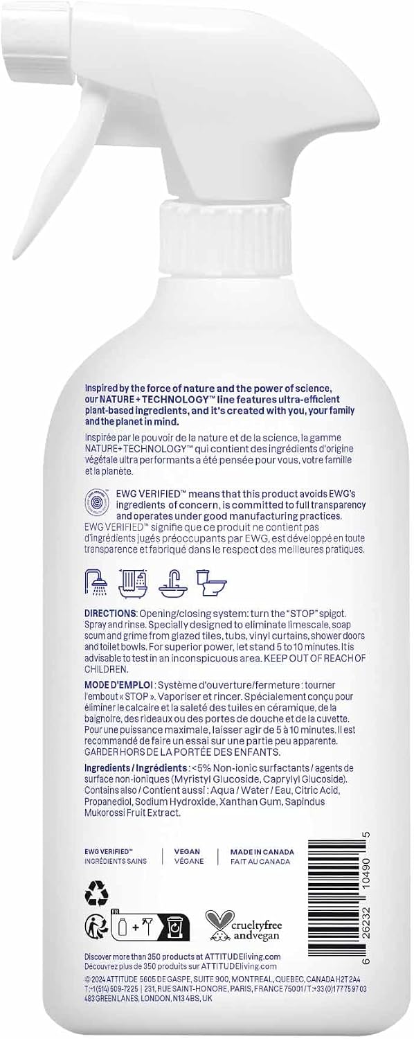 ATTITUDE Bathroom Cleaner Spray, EWG Verified, Plant-Based & Vegan, Safe for Bathroom Surfaces, Tiles, Tubs, Shower Walls, and Grout, Citrus Zest Scent, 27.1 Fl Oz