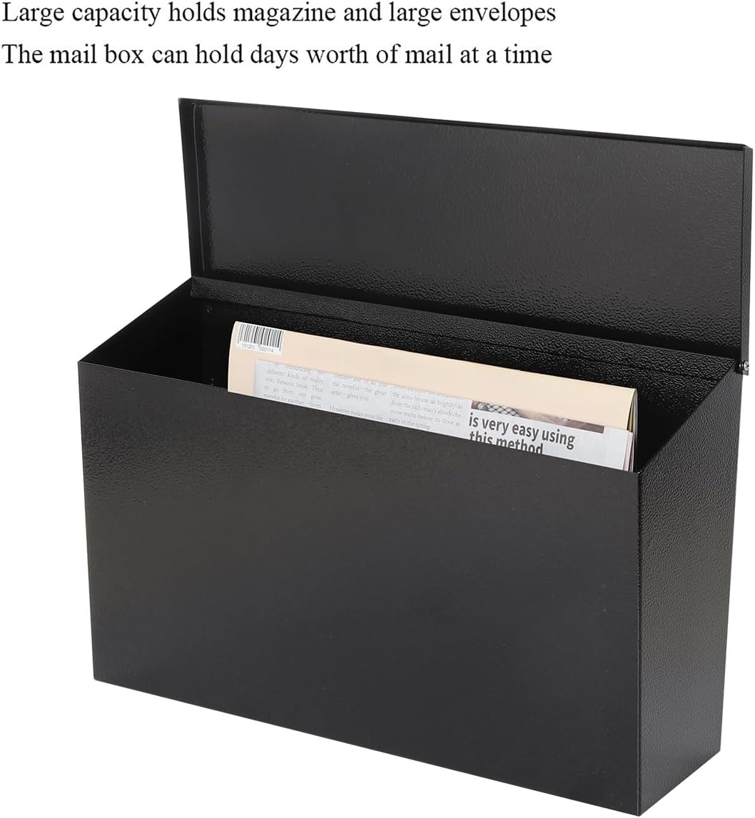 Locking Mailbox Wall Mount for Outside– Jssmst Mailboxes with Key Lock for Front Door Fence, Large Capacity Letter Box, 14.3 x 4.1 x 11.8 Inch, Black, SM-HPB911BN