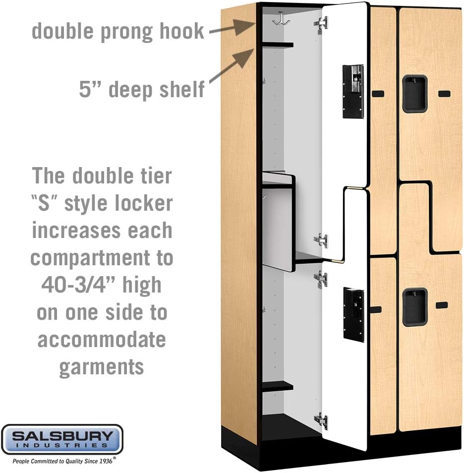 Salsbury Industries 2-Tier S-Style Designer Wood Locker with Three Wide Storage Units, 6-Feet High by 18-Inch Deep, Mahogany