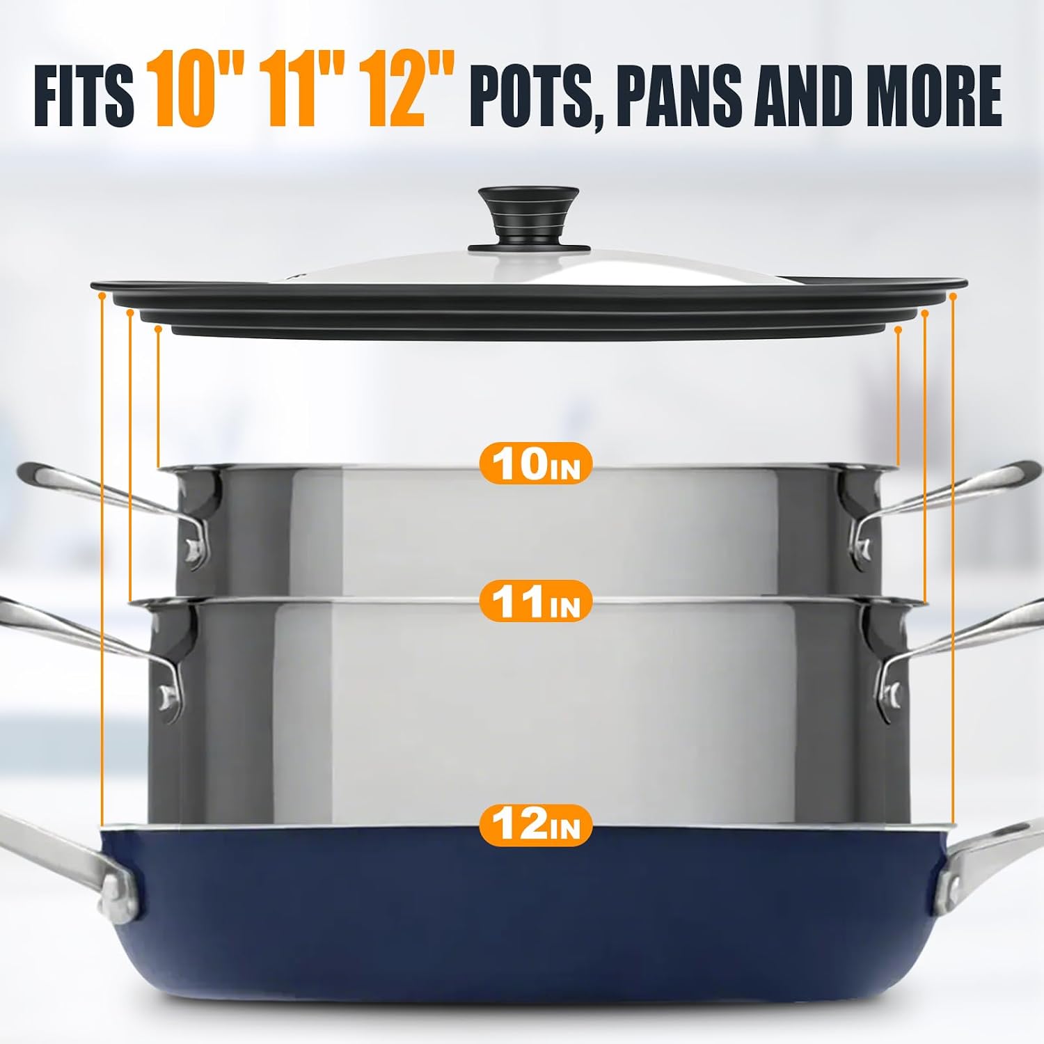 Universal Lid for Pots, Pans and Skillets - Tempered Glass with Heat Resistant Silicone Rim, Fits 10", 11" and 12" Diameter Cookware, Round