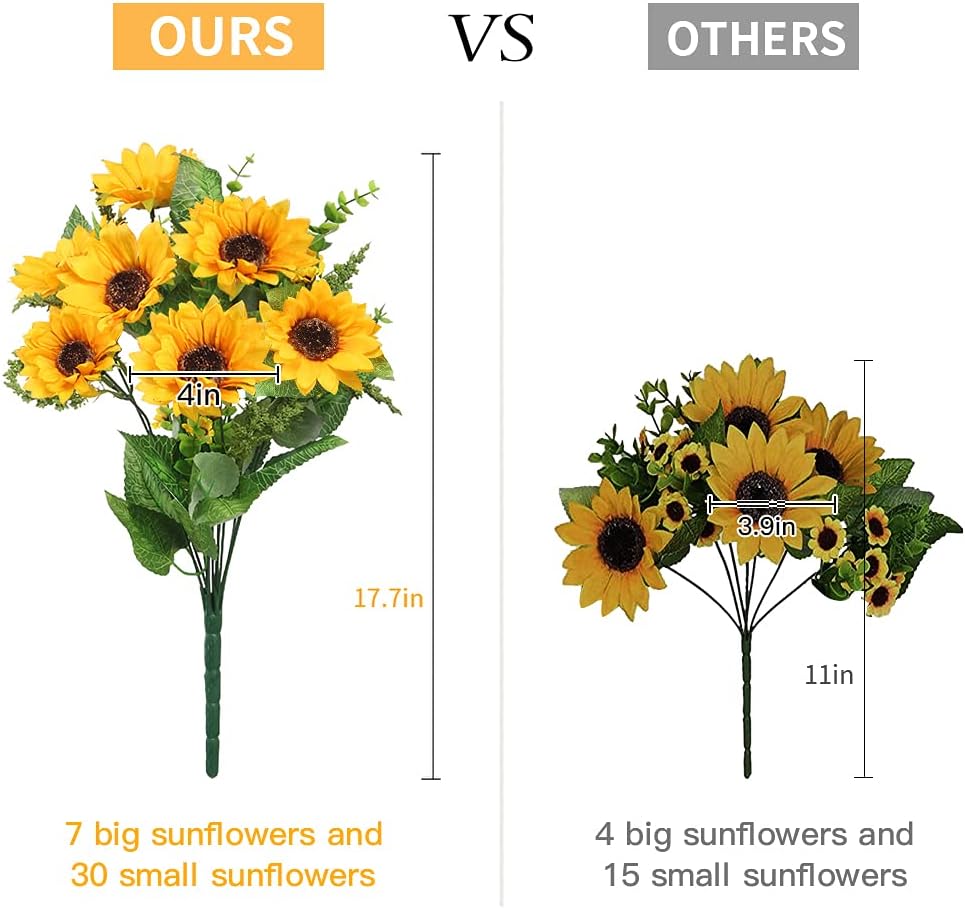 AmyHomie Artificial Sunflowers for Outdoors Fall Decor, 2 Bouquets | Garden, Patio, Wedding, Home, Centerpieces, Vase, UV Resistant, No Water