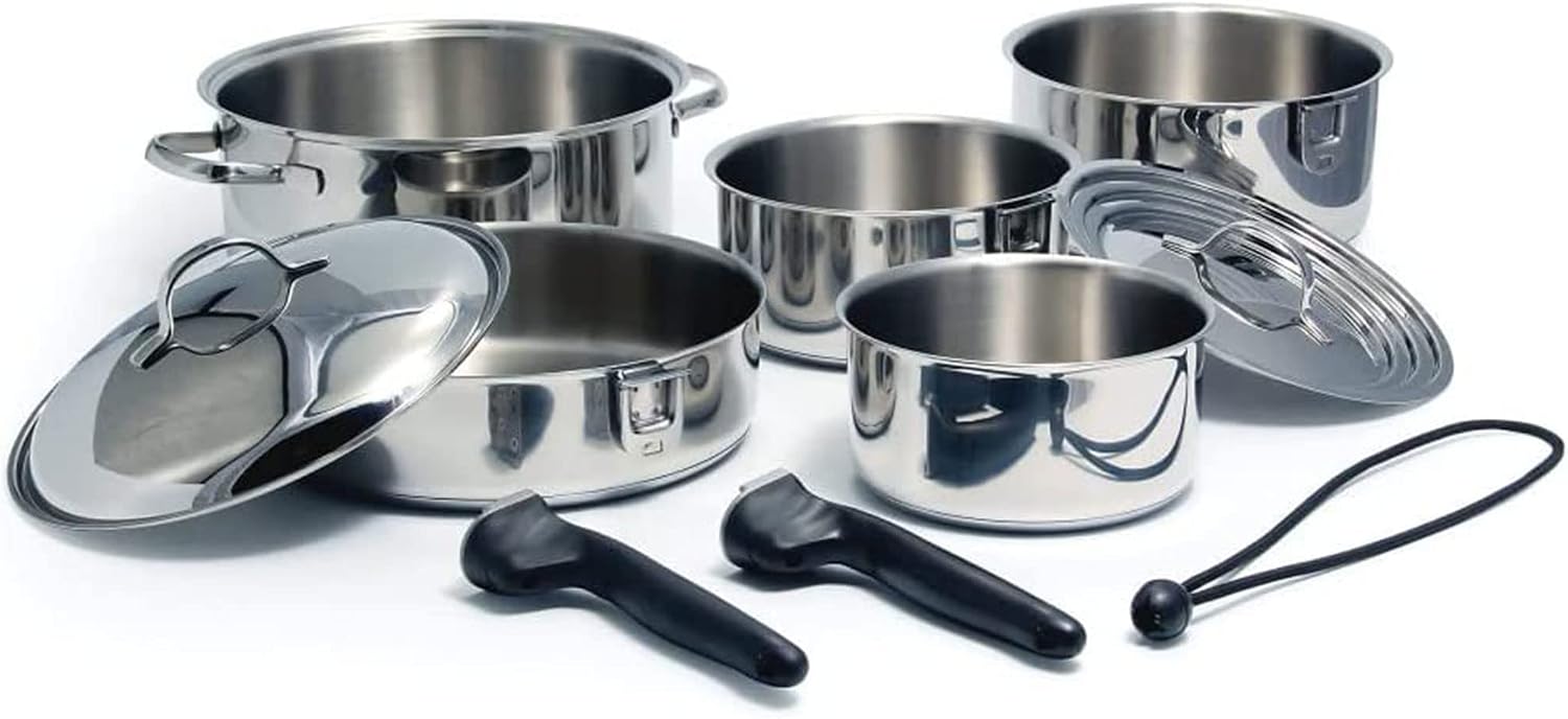 Camco 7 Piece Stainless Steel Cookware Nesting Pots and Pans Set w/Lids, Detachable Handles & Storage Strap for Camping, Tailgating, and RV