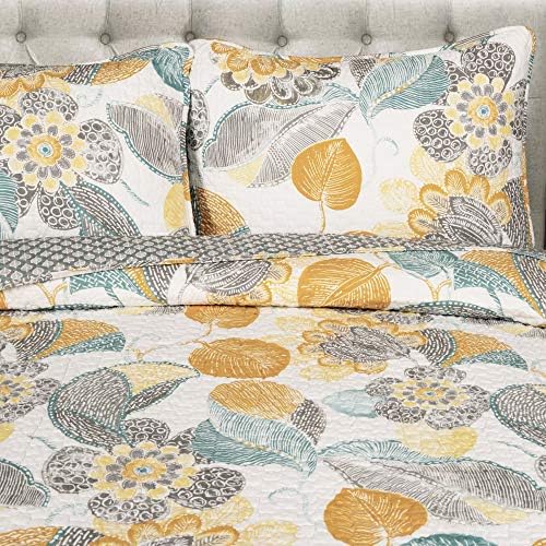 Lush Decor Layla Quilt Floral Leaf Print 3 Piece Reversible Bedding Set Full/Queen Orange & Blue