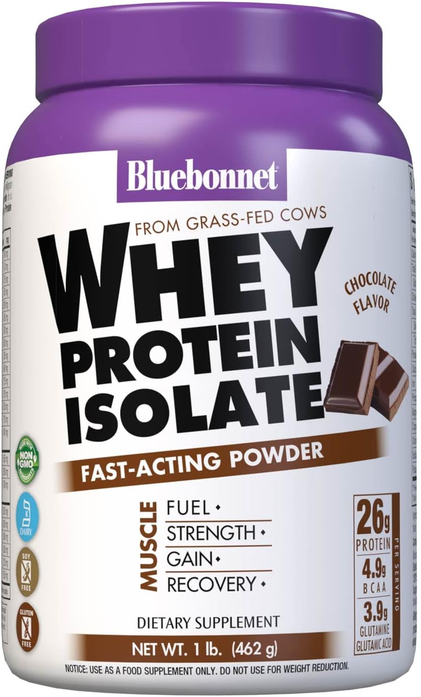 Bluebonnet Nutrition Whey Protein Isolate Powder, Whey from Grass Fed Cows, 26 Grams of Protein, No Sugar Added, Gluten Free, Soy Free, Kosher Dairy, 2.2 lbs, 32 Servings, Original Unflavored | Kosher