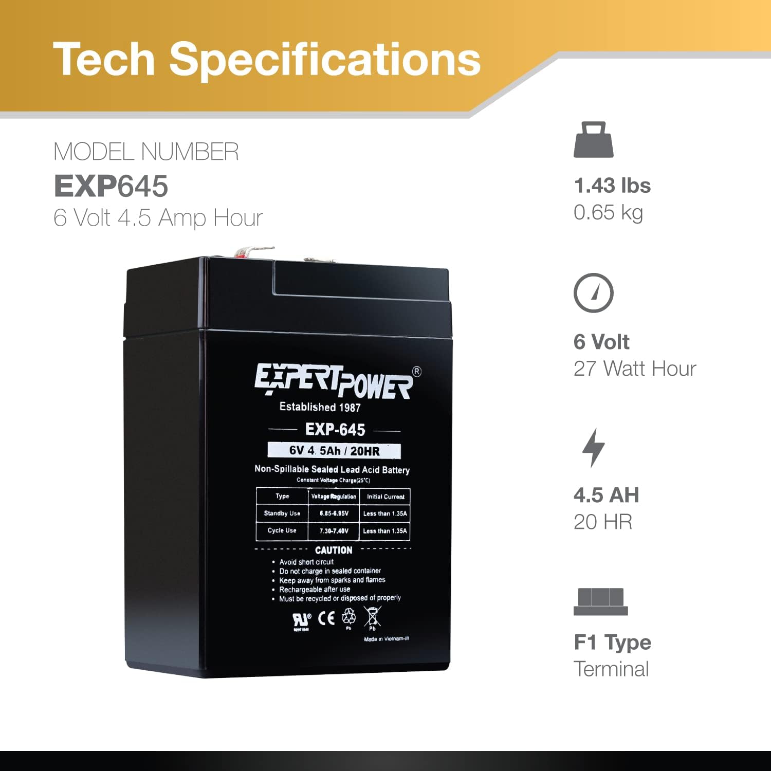 ExpertPower EXP645-6V 4.5Ah / 20HR SLA Rechargeable 6V Battery for Ride on Toys, Emergency Light, Exit Sign Battery Replacement