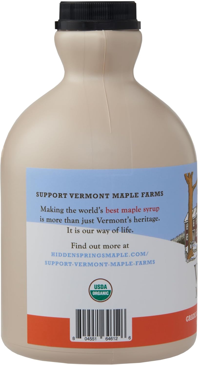 Hidden Springs Maple Organic Vermont Maple Syrup, Grade A Dark Robust (Formerly Grade B), 32 Ounce, 1 Quart, Family Farms, BPA-free Jug