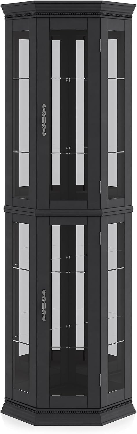 BELLEZE Lighted Wooden Corner Display Curio Cabinet, Two Section Shelving Unit with Tempered Glass Door