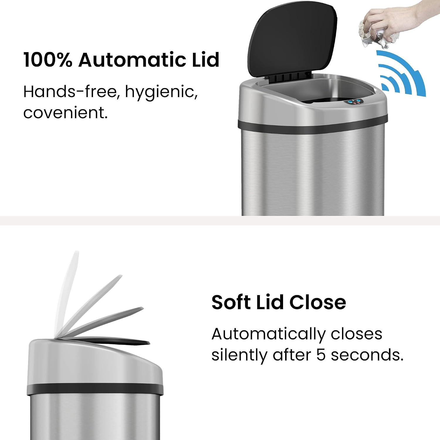 iTouchless 50 Liter / 13 Gallon Kitchen Trash Can with Lid & Deodorizer – Motion Sensor Semi-Round Stainless Steel Garbage Bin for Home, Office, or Garage – Slim, Wide Opening Large Capacity Design