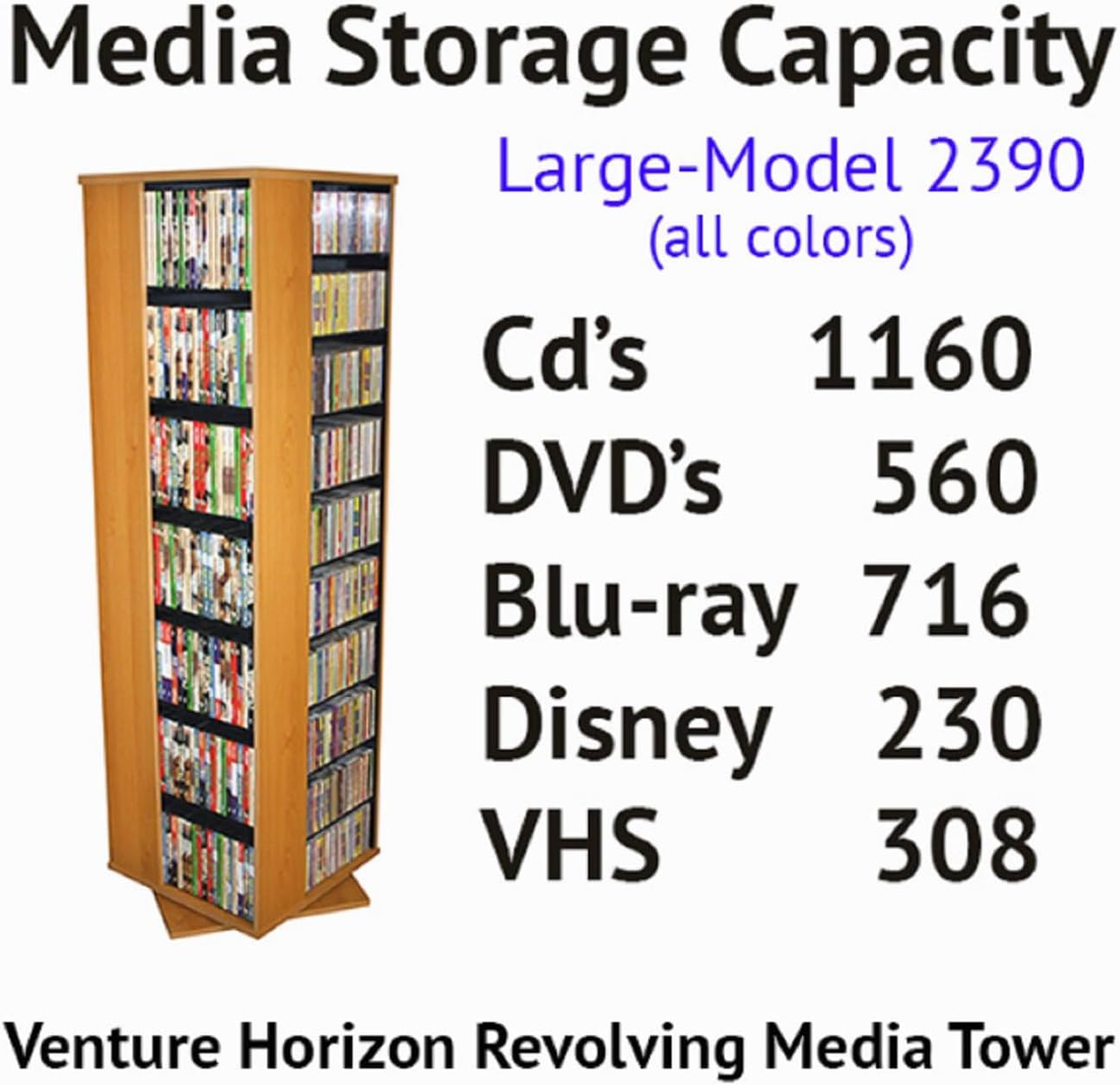 Venture Horizon 4-Sided Revolving Media Tower 1000 - Black: Laminated Wood Composites (MDF), Black-Color, 18.75" L x 18.75" W x 63" H