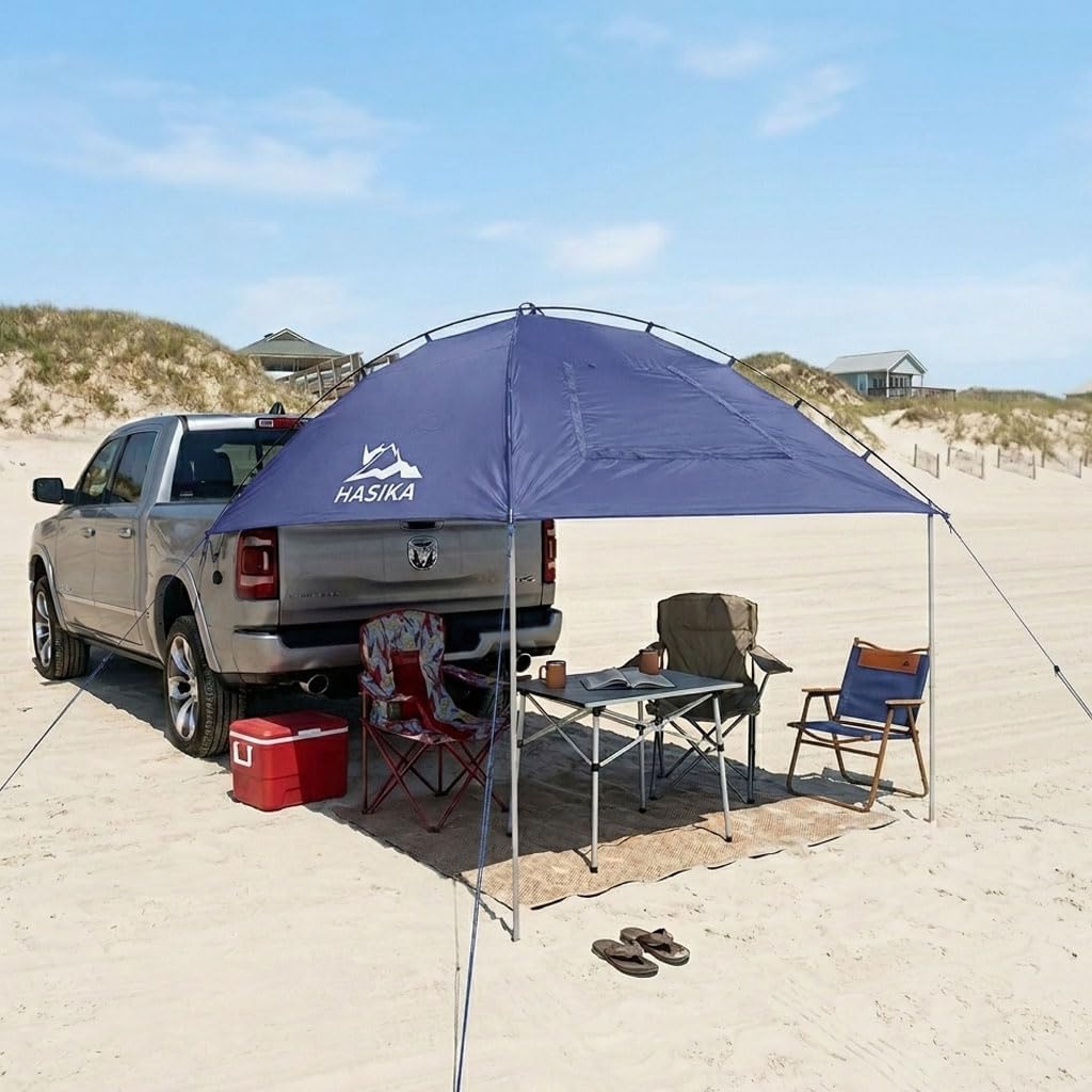 Hasika Waterproof SUV Tailgate Tent and Car Awning | Universal fit for SUVs Vans RV Trailer. Features heavy-duty suction cups, adjustable poles