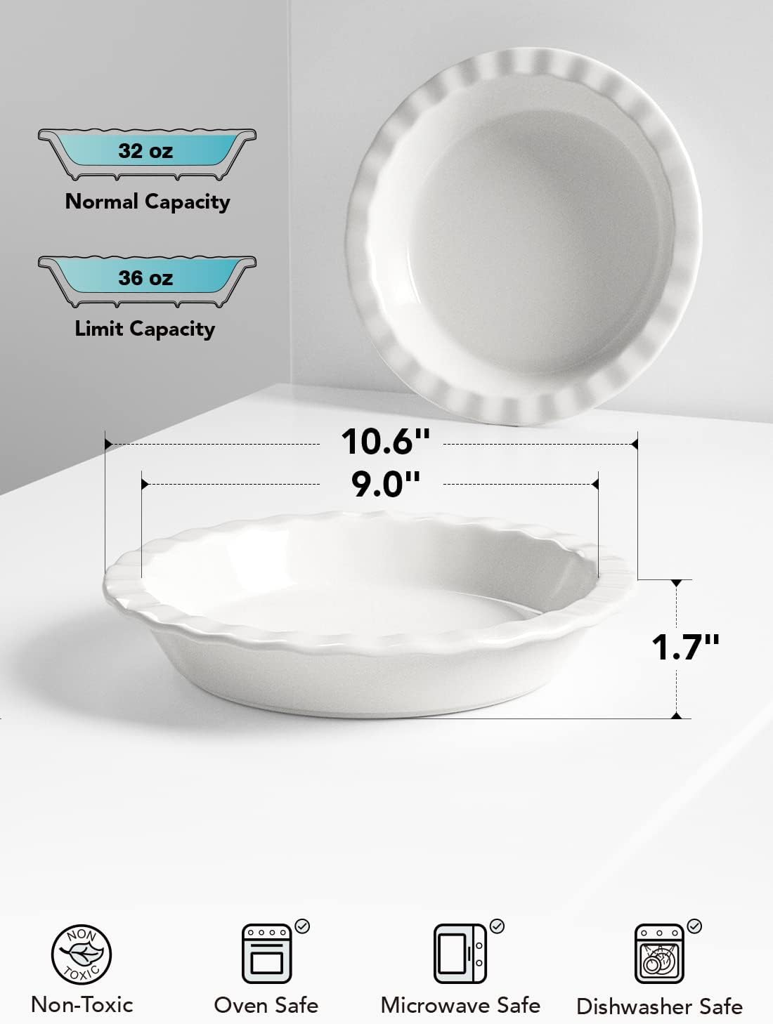 LE TAUCI Ceramic Pie Pans Plate for Baking, 9 inch Deep Dish Baking Dish, 52 ounce Bakeware for Apple Pecan Pie, Set of 2, White