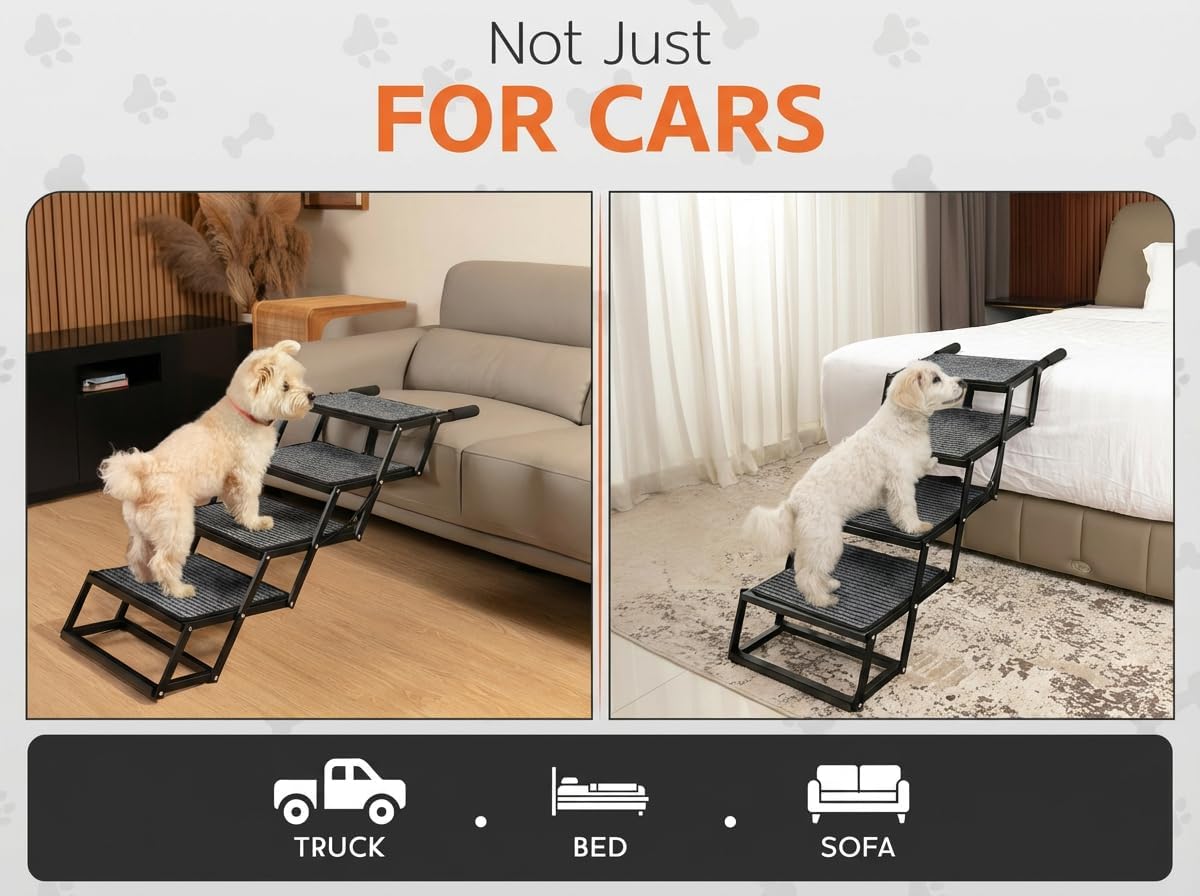 Foldable Dog Stairs for Cars Trucks & SUVs - Heavy-Duty Carbon Steel Pet Ladder Supports 230LB - Non-Slip Metal Mesh Joint-Friendly Portable Ramp for Large Dogs - 5 Step Pet Stairs w/Mat