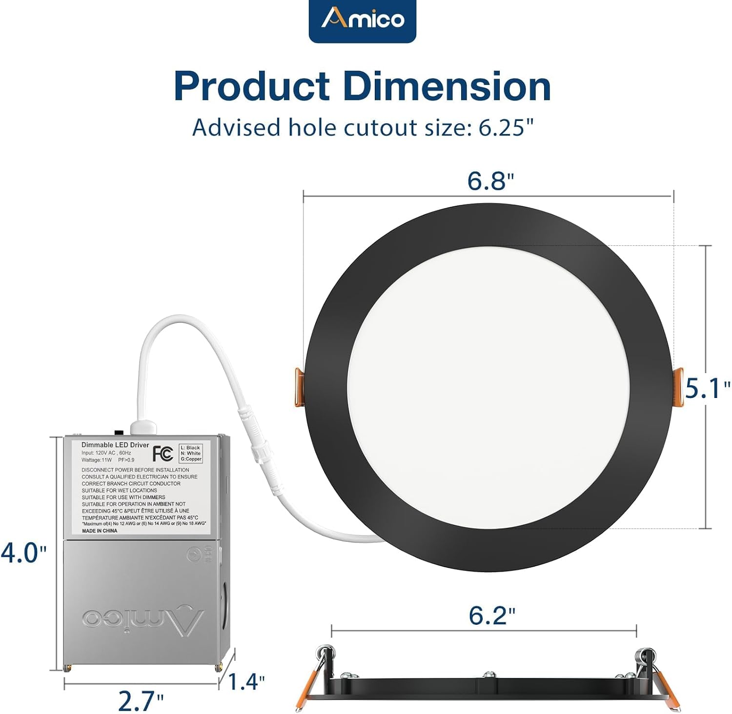 Amico 6 Pack 6 Inch LED Recessed Light with Junction Box, 5CCT, 1050LM, 12W