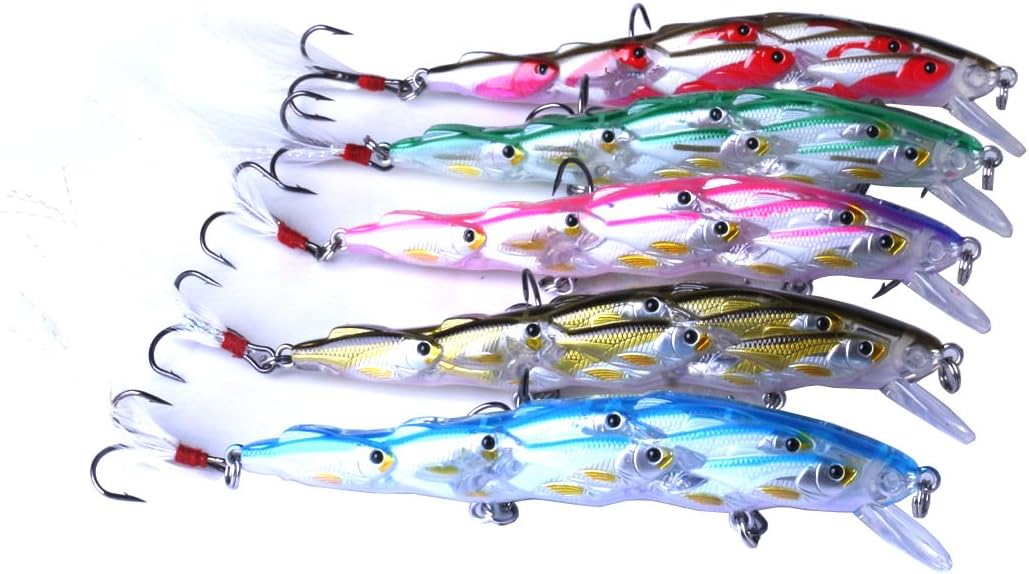 5PCS Fishing Topwater Lures Group Fish Minnow Plastic Fishing Bait for Saltwater Freshwater Bass Trout Walleye Salmon Musky Fishing Crankbaits Lure